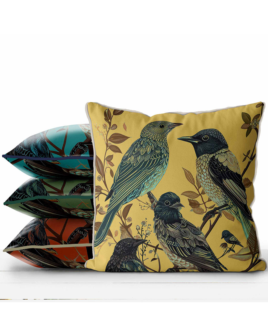 Handmade cushion/pillow cover illustration of a flock of birds perched on branches on a green background