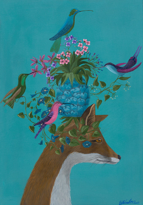 Fox Birdkeeper with Pineapple | Original Acrylic Painting on Canvas | Kelly Stevens-McLaughlan