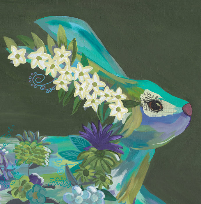 A painting of a hare rabbit with springtime flowers in shades of purple, green and white, running on a green background