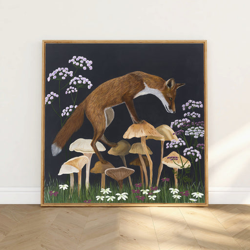 A painting of a fox walking on wild mushrooms in a meadow of mauve and white flowers on a dark night background