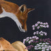 A painting of a fox walking on wild mushrooms in a meadow of mauve and white flowers on a dark night background