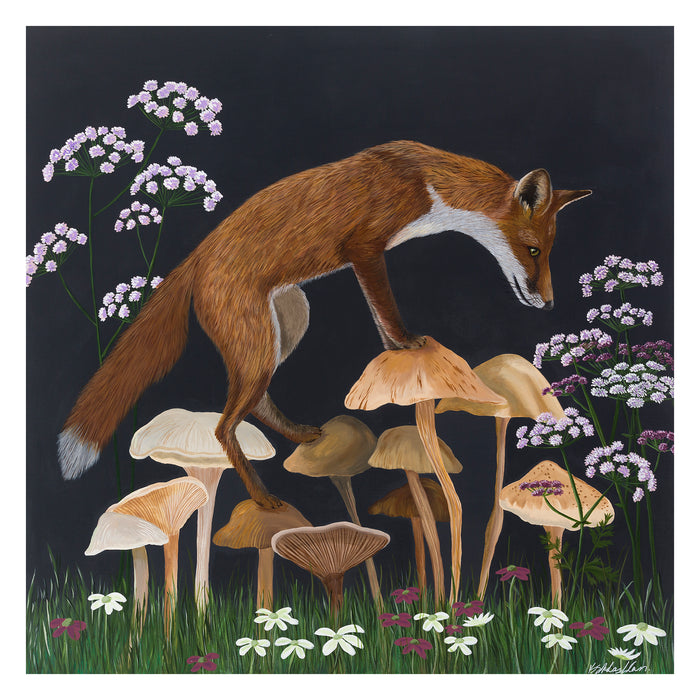 A painting of a fox walking on wild mushrooms in a meadow of mauve and white flowers on a dark night background