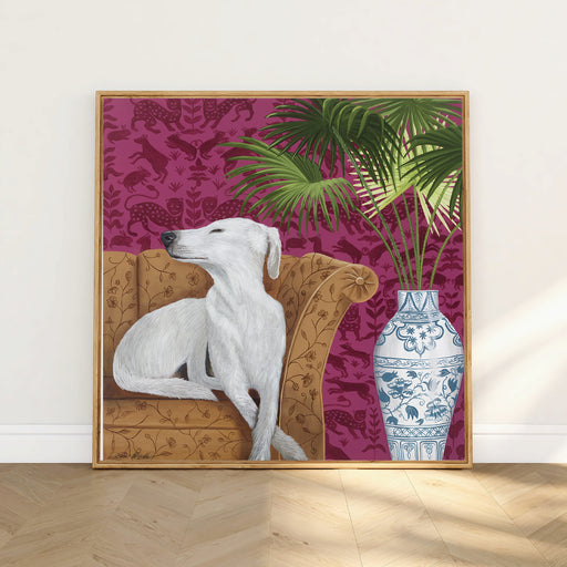 A painting of a white dog posing on a brown sofa. The wallpaper behind is cerise pink and there is a blue and white chinoiserie vase with green palm leaves.