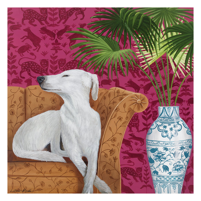 A painting of a white dog posing on a brown sofa. The wallpaper behind is cerise pink and there is a blue and white chinoiserie vase with green palm leaves.