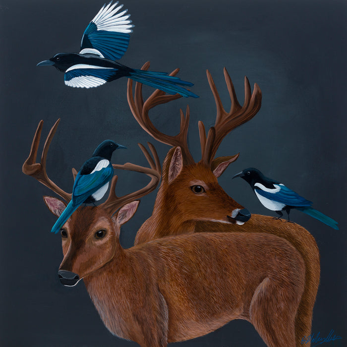 Deer and Magpies | Original Acrylic Painting on Canvas | Kelly Stevens-McLaughlan