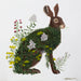 painting of a hare covered in green leaves and wild flowers on a white background