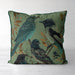 Handmade cushion/pillow cover illustration of a flock of birds perched on branches on a turqouise blue background