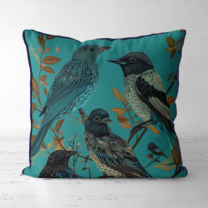 Handmade cushion/pillow cover illustration of a flock of birds perched on branches on a yellow background