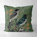 Handmade cushion/pillow cover illustration of a flock of birds perched on branches on a turqouise blue background