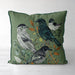 Handmade cushion/pillow cover illustration of a flock of birds perched on branches on a turqouise blue background