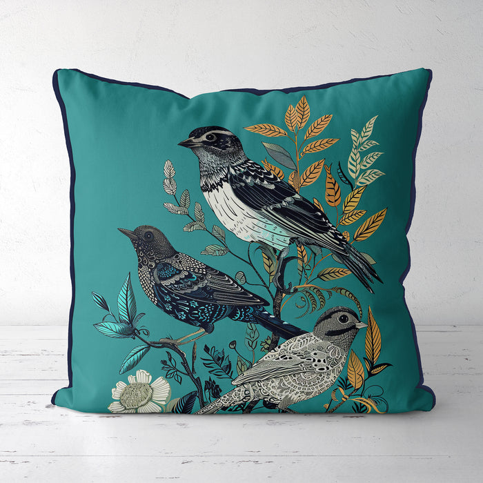 Handmade cushion/pillow cover illustration of a flock of birds perched on branches on a yellow background