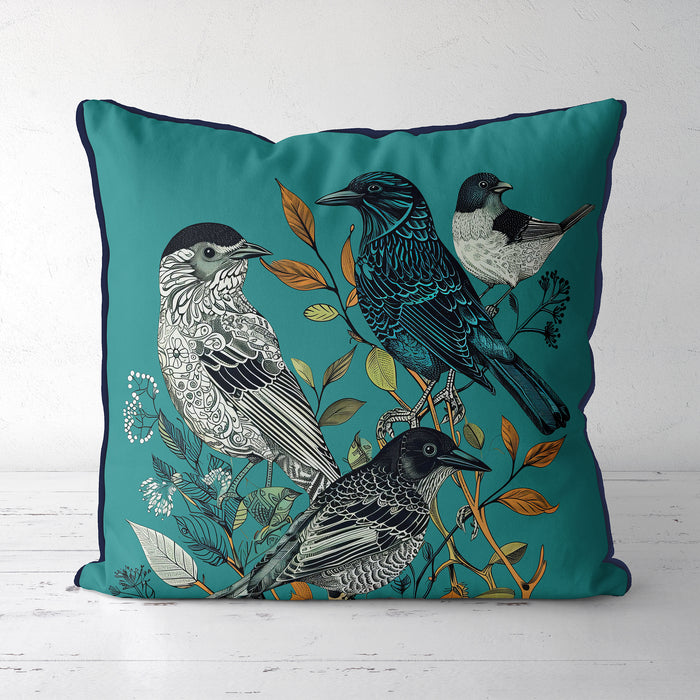 Handmade cushion/pillow cover illustration of a flock of birds perched on branches on a yellow background