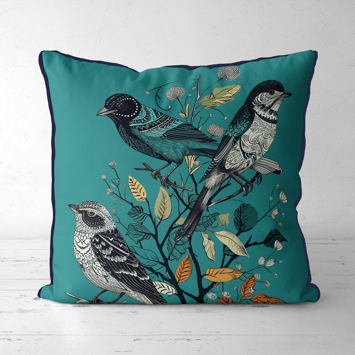 Handmade cushion/pillow cover illustration of a flock of birds perched on branches on a yellow background