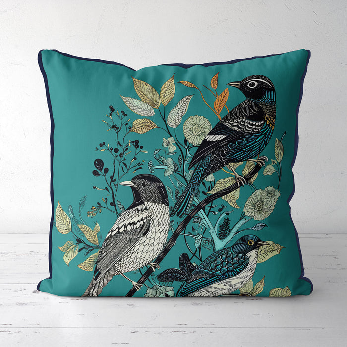 Handmade cushion/pillow cover illustration of a flock of birds perched on branches on a yellow background