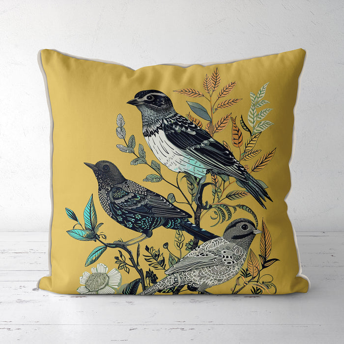 Handmade cushion/pillow cover illustration of a flock of birds perched on branches on a rust orange background