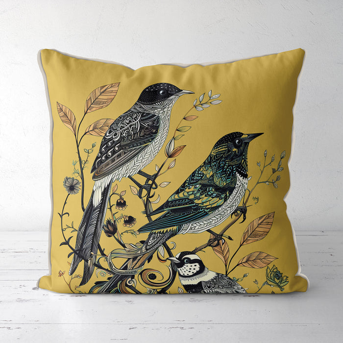 Handmade cushion/pillow cover illustration of a flock of birds perched on branches on a rust orange background