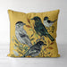 Handmade cushion/pillow cover illustration of a flock of birds perched on branches on a rust orange background