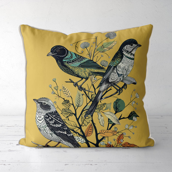 Handmade cushion/pillow cover illustration of a flock of birds perched on branches on a rust orange background