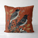 Handmade cushion/pillow cover illustration of a flock of birds perched on branches on a green background