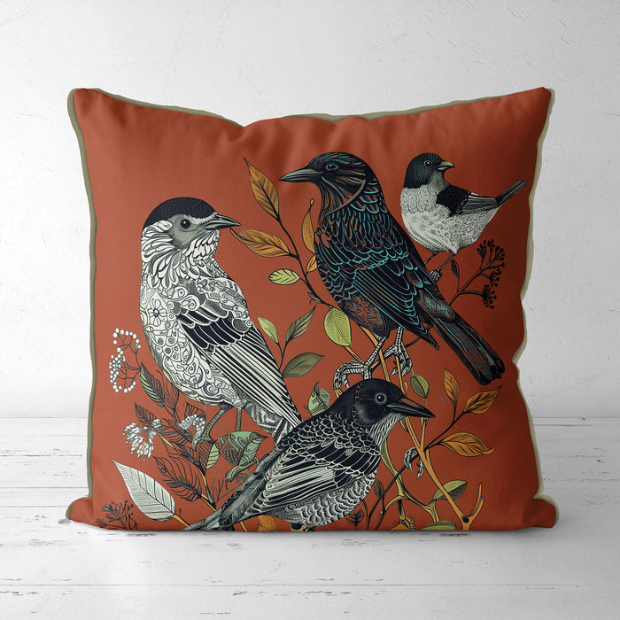 Handmade cushion/pillow cover illustration of a flock of birds perched on branches on a green background