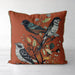 Handmade cushion/pillow cover illustration of a flock of birds perched on branches on a green background