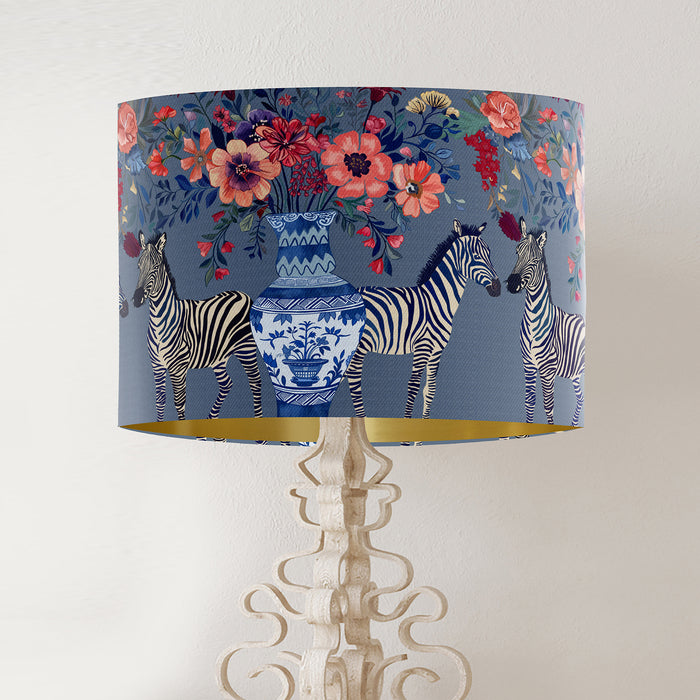 Chinoiserie Lampshade,  Zebra Twins on Blue, Drum, Ceiling Pendant