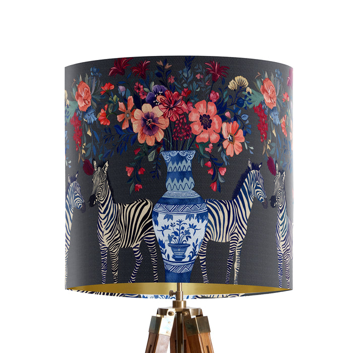 A maximalist design of Zebra's, chinoiserie vases and colourful flowers on a charcoal backdrop on a small sized 20x18cm handcrafted fabric lampshade by artist Kelly Stevens-McLaughlan