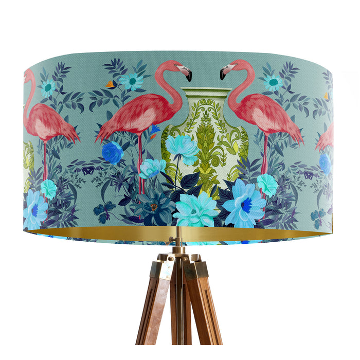 A maximalist design of pink flamingos, chinoiserie vases and colourful flowers on a blue green mint backdrop on a Extra large sized 45x25cm handcrafted fabric lampshade by artist Kelly Stevens-McLaughlan