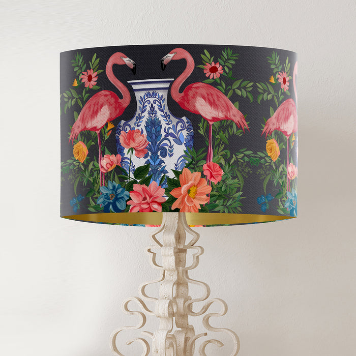 Chinoiserie Lampshade, Flamingo Twins on Charcoal, Bird Drum Shade, Ceiling Pendant