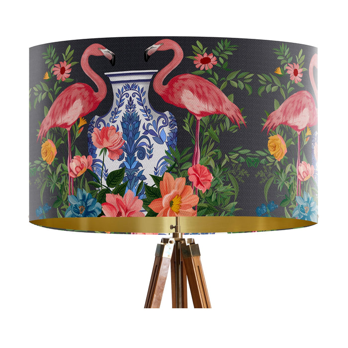 A maximalist design of pink flamingos, chinoiserie vases and colourful flowers on a charcoal backdrop on a large sized 40x25cm handcrafted fabric lampshade by artist Kelly Stevens-McLaughlan