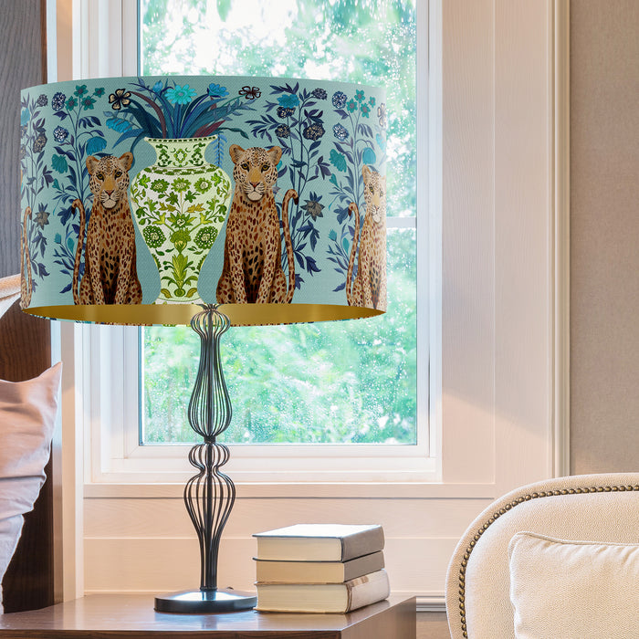 Chinoiserie Lampshade, Leopard Bouquet Twins on Aquamarine, Drum, Ceiling Pendant