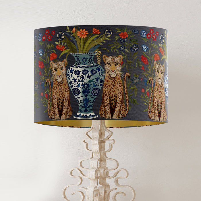 Chinoiserie Lampshade,  Leopard Bouquet Twins on Charcoal, Drum, Ceiling Pendant