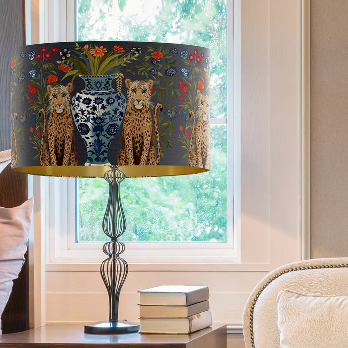 Chinoiserie Lampshade,  Leopard Bouquet Twins on Charcoal, Drum, Ceiling Pendant