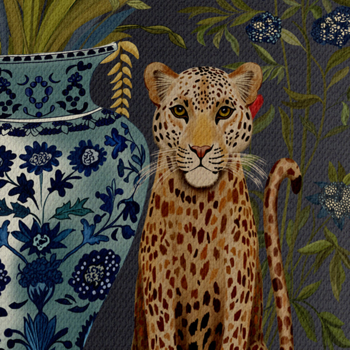 Chinoiserie Lampshade,  Leopard Bouquet Twins on Charcoal, Drum, Ceiling Pendant