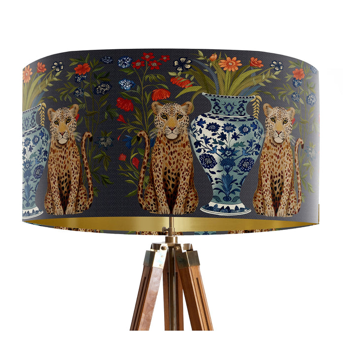 A maximalist design of leopards, chinoiserie vases and colourful flowers on a charcoal backdrop on a Extra large sized 45x25cm handcrafted fabric lampshade by artist Kelly Stevens-McLaughlan