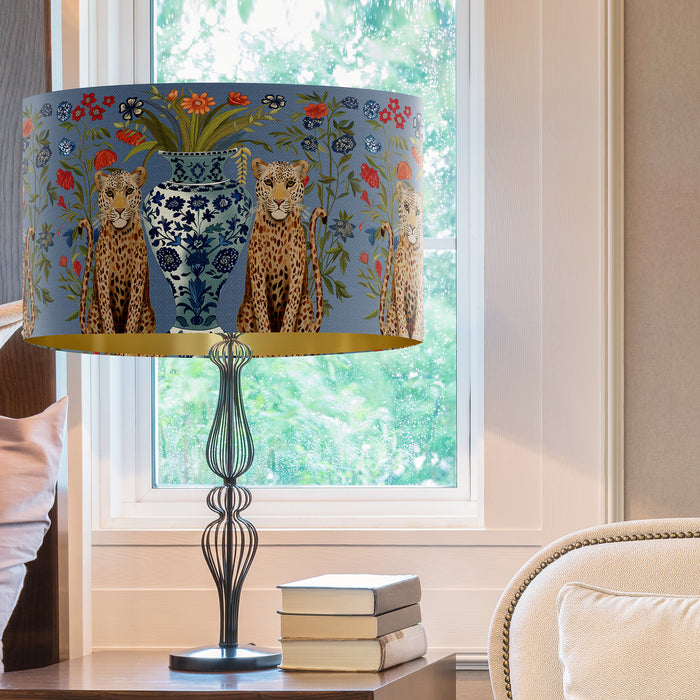 Chinoiserie Lampshade,  Leopard Bouquet Twins on Blue, Drum, Ceiling Pendant