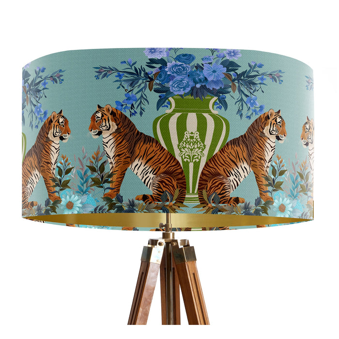 A maximalist design of tigers, chinoiserie vases and colourful flowers on a blue green mint backdrop on a Extra large sized 45x25cm handcrafted fabric lampshade by artist Kelly Stevens-McLaughlan