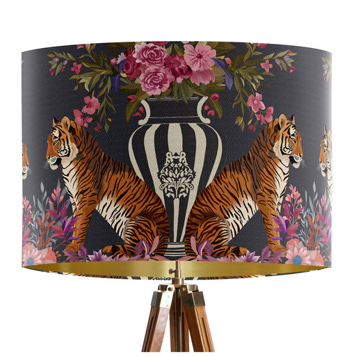 A maximalist design of tigers, chinoiserie vases and colourful flowers on a charcoal backdrop on a classic sized 30x21cm handcrafted fabric lampshade by artist Kelly Stevens-McLaughlan