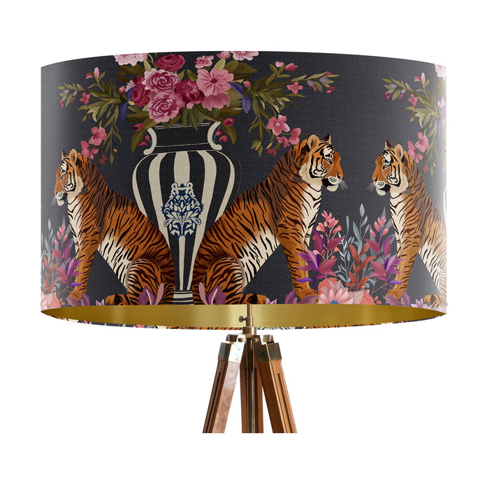 A maximalist design of tigers, chinoiserie vases and colourful flowers on a charcoal backdrop on a large sized 40x25cm handcrafted fabric lampshade by artist Kelly Stevens-McLaughlan