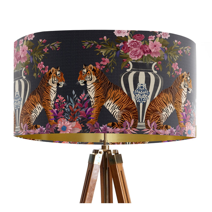 A maximalist design of tigers, chinoiserie vases and colourful flowers on a charcoal backdrop on a Extra large sized 45x25cm handcrafted fabric lampshade by artist Kelly Stevens-McLaughlan