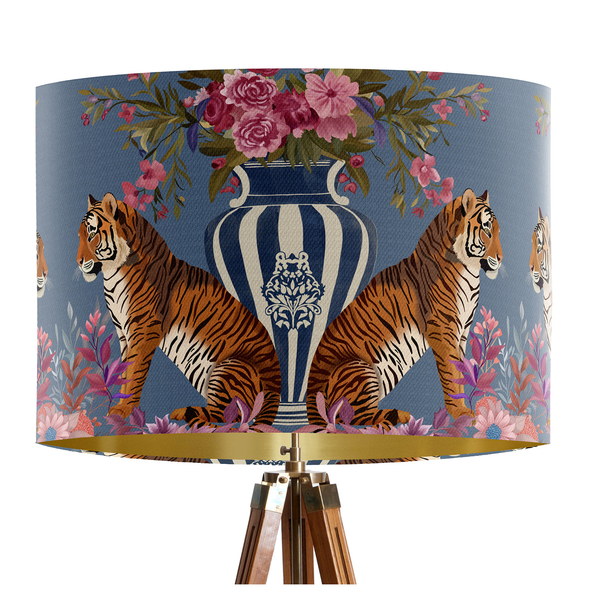 Chinoiserie Lampshade, Tiger Twins on Blue, Drum or Ceiling Pendant ...