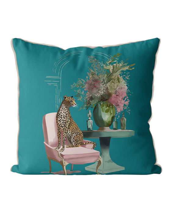 Chic Leopard Salon Pink & Green on Teal Cushion Throw Pillow