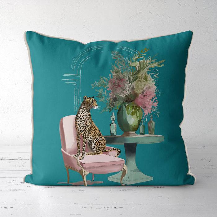 Chic Leopard Salon Pink Green on Teal Cushion Throw Pillow FabFunky