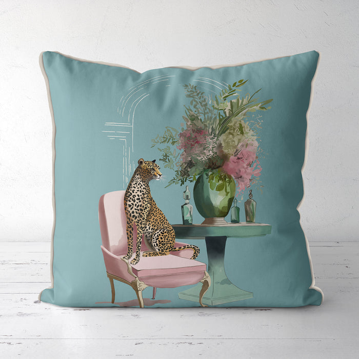 Chic Leopard Salon Pink & Green on Blue Cushion Throw Pillow