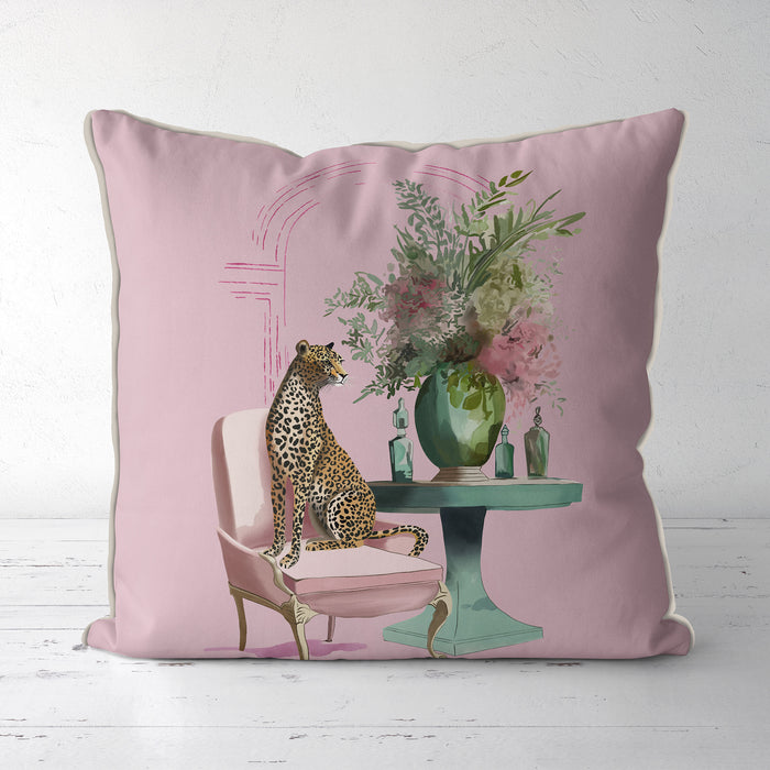 Chic Leopard Salon Pink & Green on Blush Pink Cushion Throw Pillow