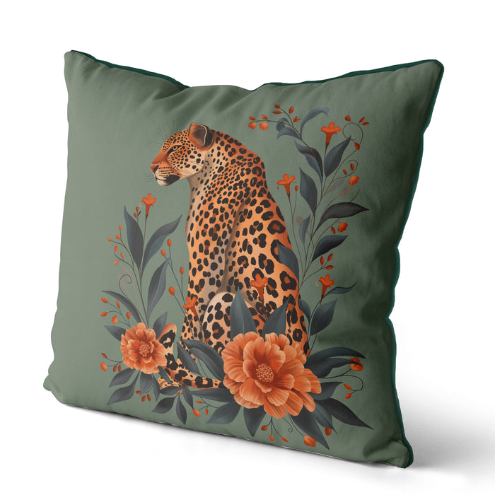 Leopard Orange Flowers 2 Cushion, Throw Pillow in Green or Taupe