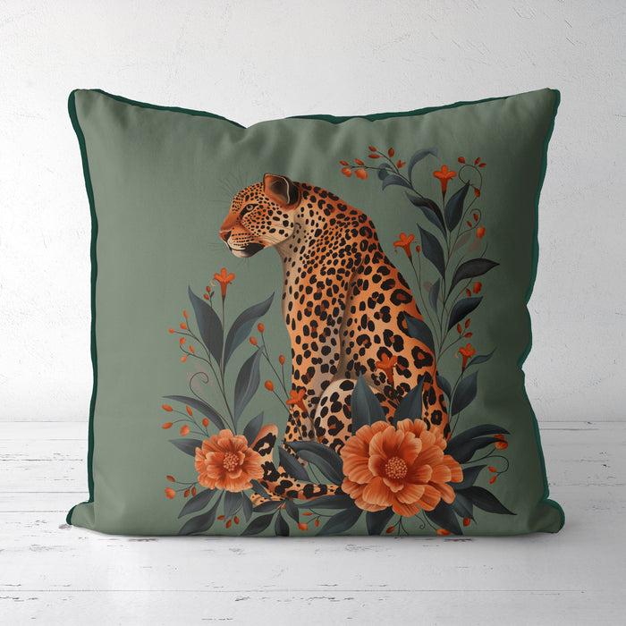 Leopard Orange Flowers 2 Cushion, Throw Pillow in Green or Taupe