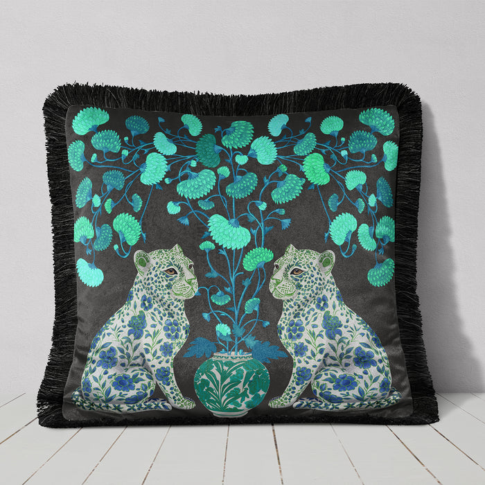 Chinoiserie Leopard Twins Cushion Pillow Choice of Luxury Velvet / Cotton / Outdoor