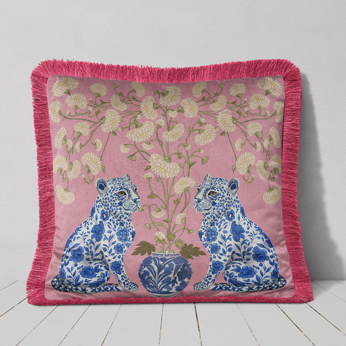 Chinoiserie Leopard Twins Cushion Pillow Choice of Luxury Velvet / Cotton / Outdoor