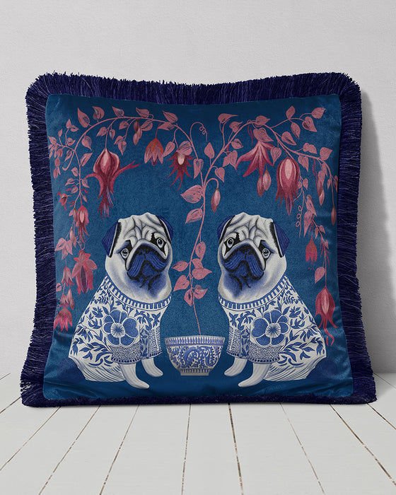 Pug Twins Chinoiserie Cushion Pillow Choice of Luxury Velvet / Cotton / Water Resistant